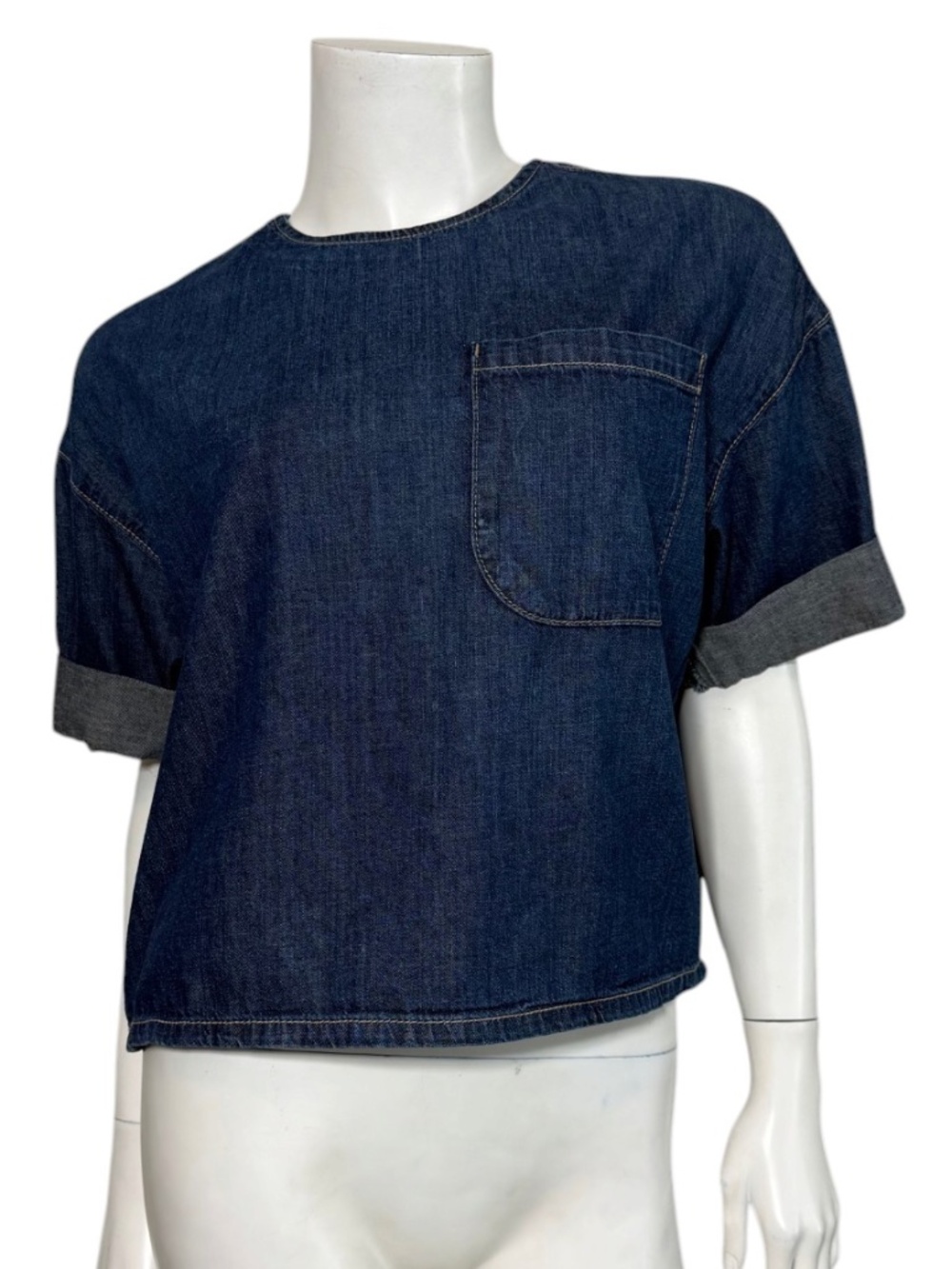 TWP Trish Wescoat Pound Ex T Denim Top Dark Wash Cropped Cuffed Boxy XS/S